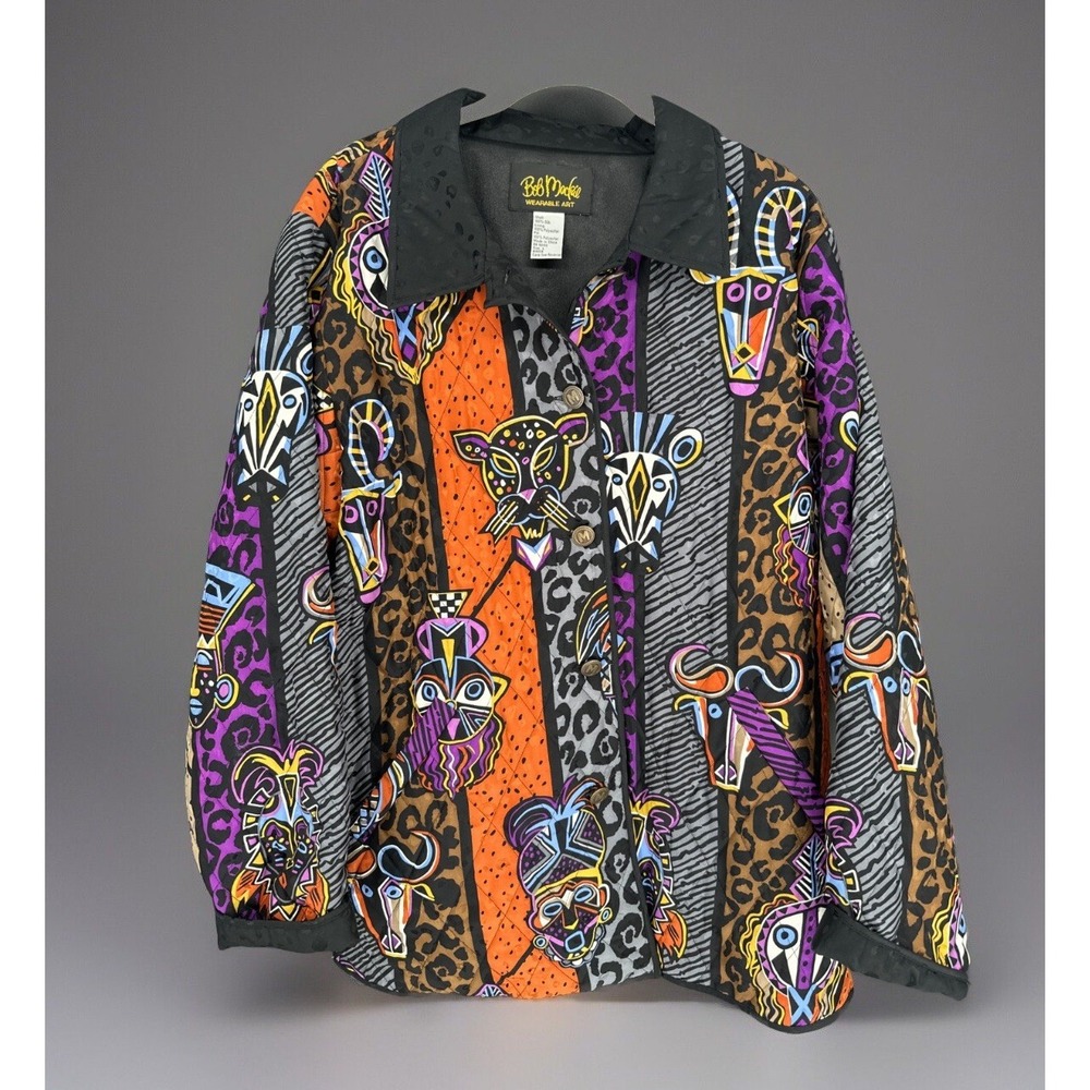 Women's Bob Mackie Wearable Art Tribal Design Quilted Puffer Silk Jacket Large